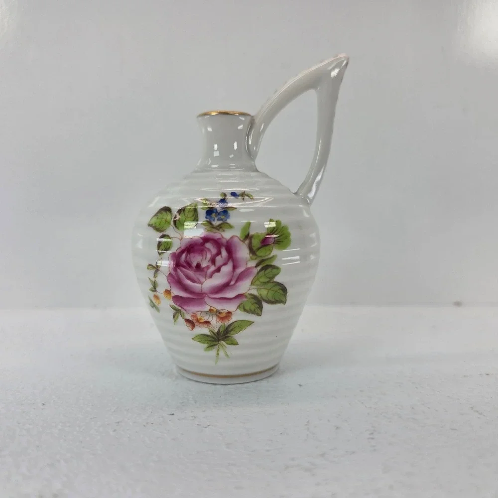 Herend Hungary Miniature Porcelain Pitcher Hand Painted Pink Rose Gold Trim 61